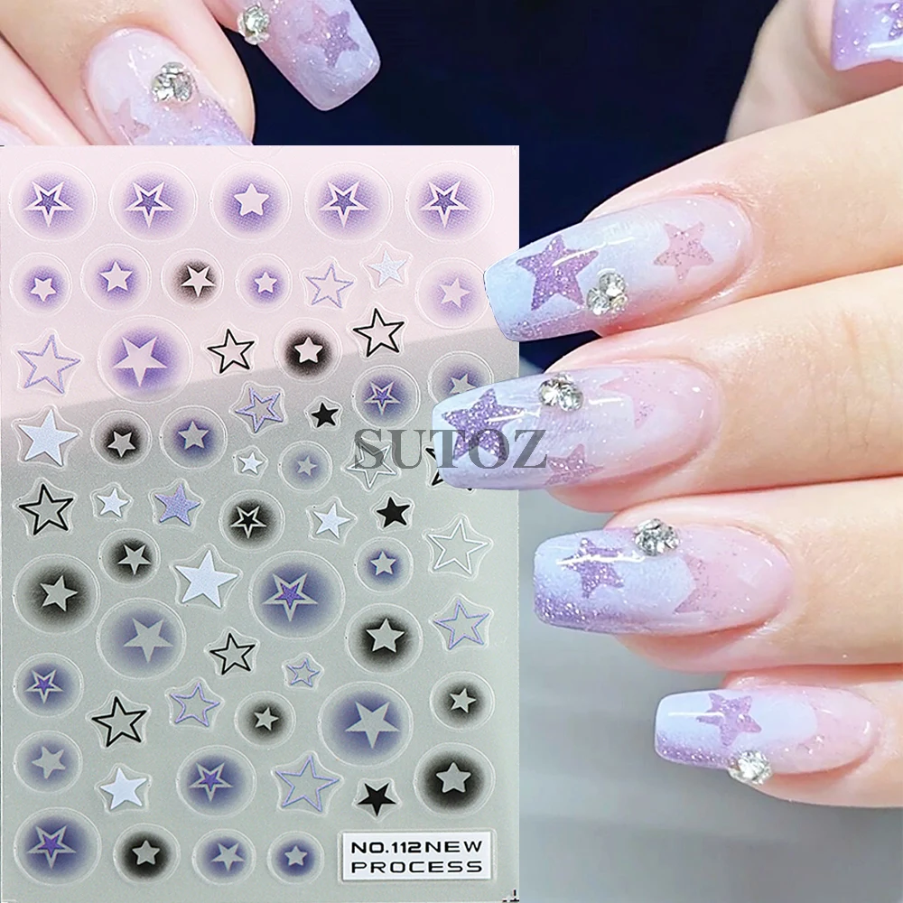 3D Hollow Out Stars Nail Stickers Y2K Nail Design Purple Black Stars Sliders Decals Korean Style Manicure Decorations GLNO-112