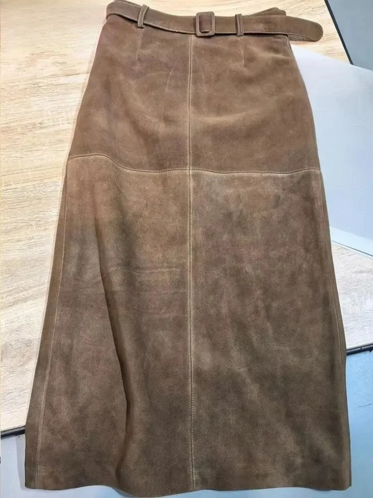 

Женские однотонные замшевые длинные юбки из натуральной кожи в стиле ретро, 88 см, пояс с высокой талией, юбка длиной до колена ручной работы из овчины, винтажная