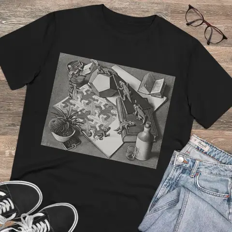 Escher Reptiles T Shirt Surrealist Art Ethically Grown Cotton  vintage Washed Breathable fashion Stretched Casual Unisex