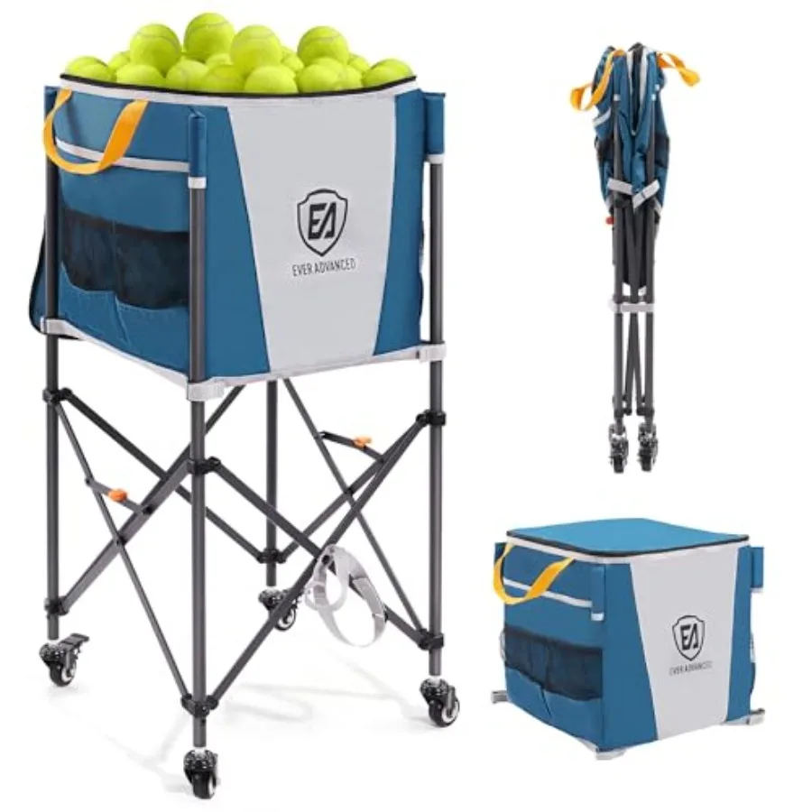 

150 Tennis Capacity Ball Hopper Rolling Ball Cart with Side Pockets 16.2 x 16.2in Folding Pickleball Basket with Wheels Sports