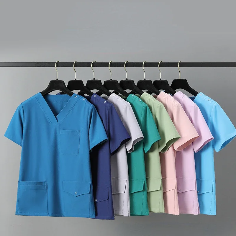 Elastic Quick Drying Basic Pro Medical Uniform Scrub Sets Women Men 2 Piece V Neck Top Drawstring Pants Pro Nursing Slim Suit