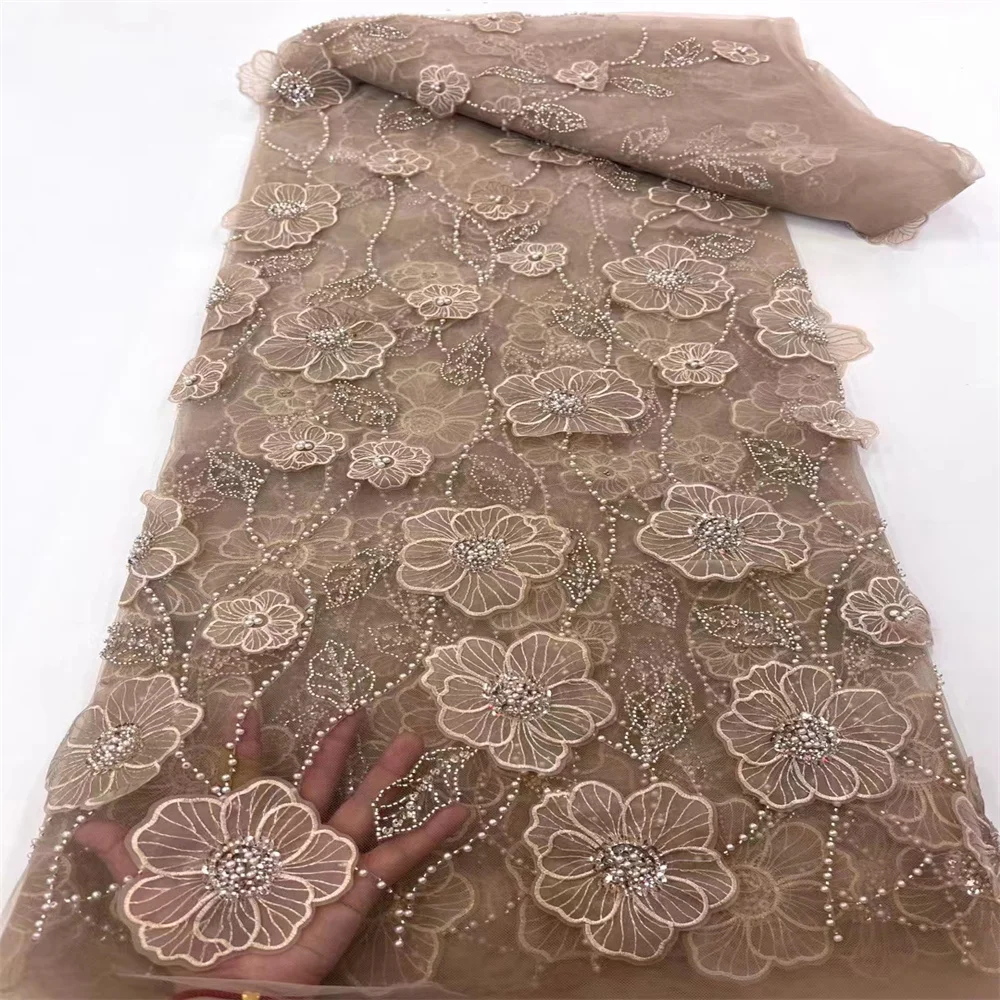 3D Gold African Laces Fabrics 2023 Embroidered Nigerian Laces Fabric High Quality Sequins French Tulle Lace Fabric Beaded XC3502