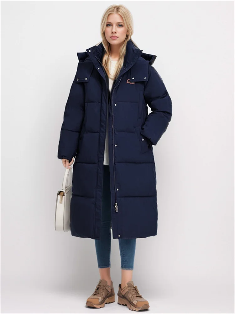 Thicken Winter Down Jacket Woman New Long Coat Oversize Hooded Big Pockets Zipper Warm Down Coat Woman Winter Overcoat