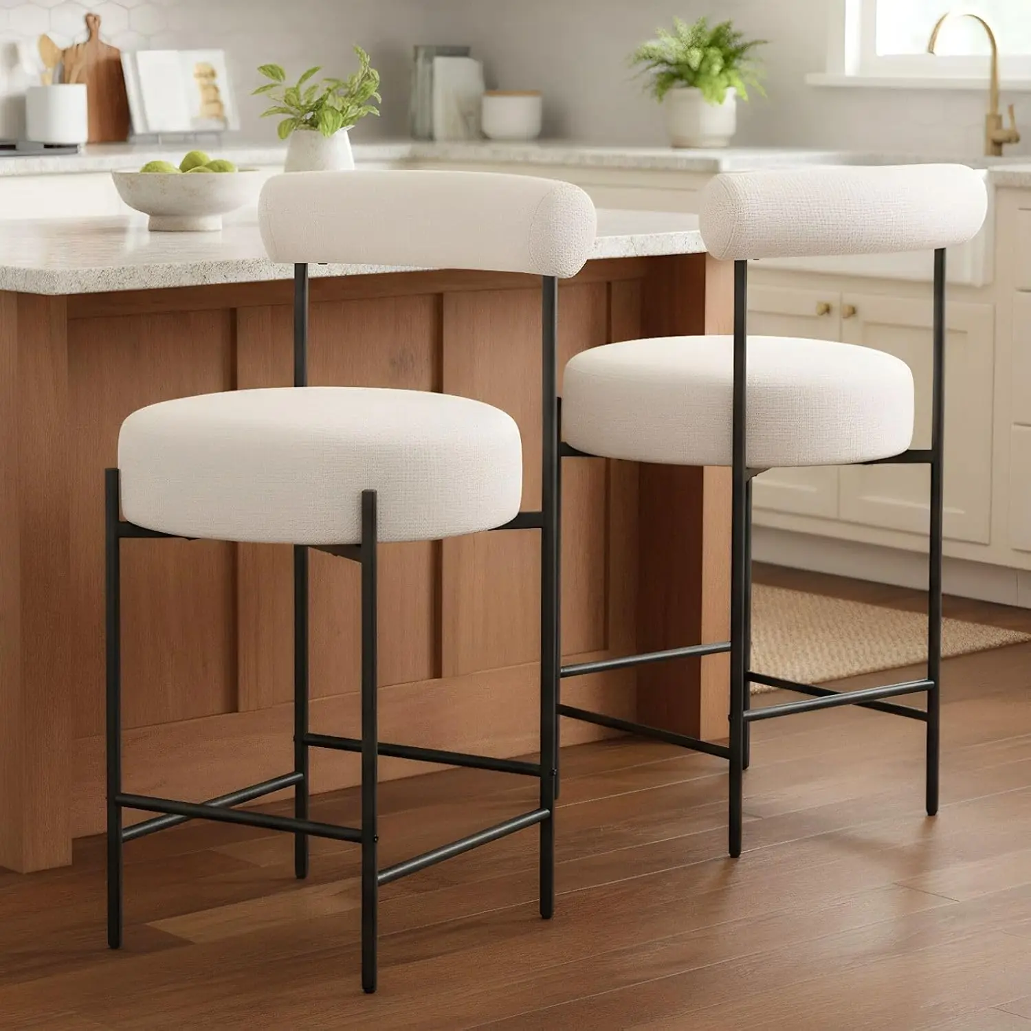 Beige Bar Stools 2 Linen Upholstered Counter Stools Barrel Back 26 Inch Fabric Kitchen Island Chairs Metal Legs, Customized