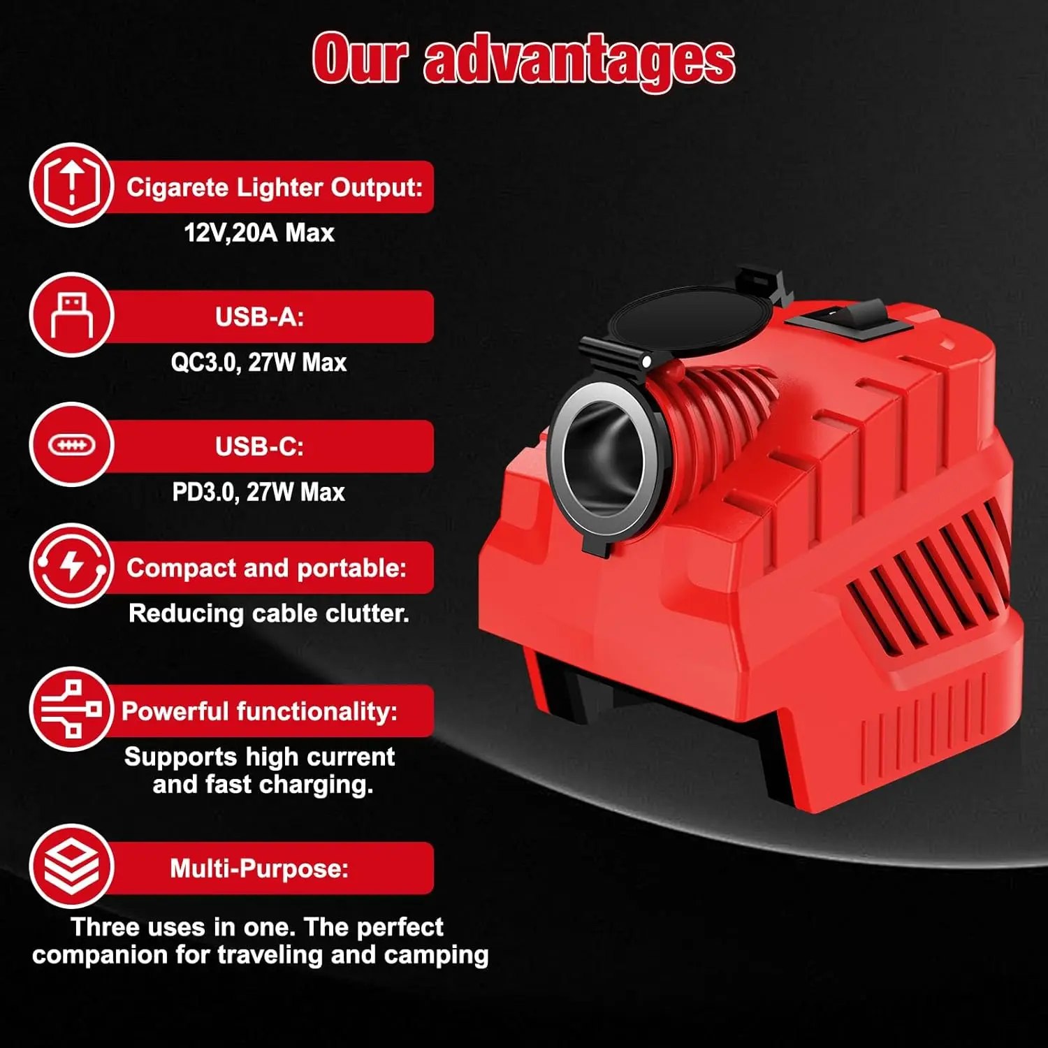 Battery Adapter FOR MAKITA/MILWAUKEE /DEWALT 18V Battery Via DC 12V Buck Converter Regulator with Cigarette Lighter USB & Type-C view 2