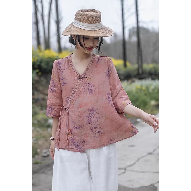 Retro Chinese Sle Vlasprint irt Dames plus Size Bloemen Kanten Kraag Gordel Vijfkwart Sve Top Casual Zomerblouse