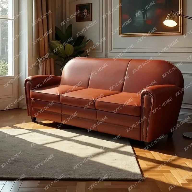

Q rural retro leather sofa small apartment living room straight row high-end three-person sofa