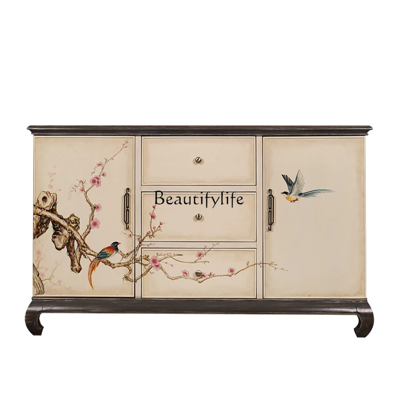 Chinese-style painted entrance cabinet, solid wood hand-painted, happy to go to the branches for storage and make old cabinets