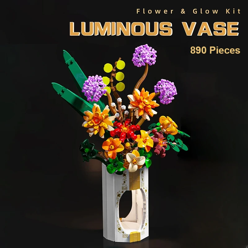 

890Pieces Flower Vase Building Blocks Luminous Mini Bricks Diy Assembly Toys Plastic Model Home Decoration Xmas Valentine Gift