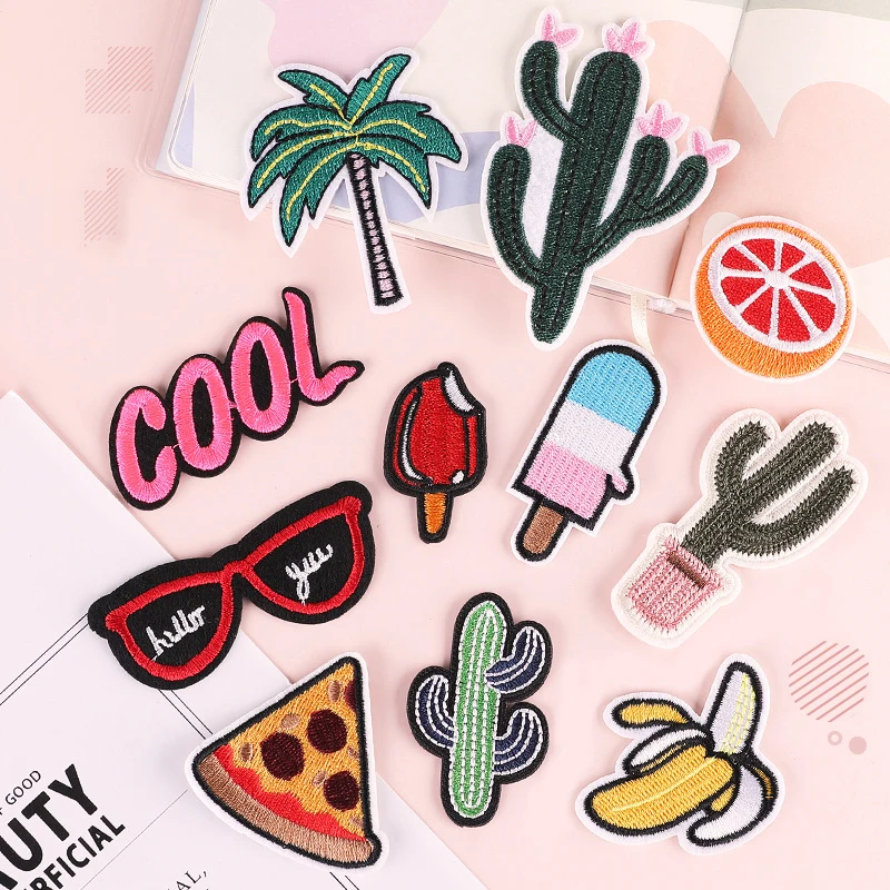 5PCS Summer Seaside Emblems Embroidered Patches Sunglasses Cactus Fruit Patch For Heat-adhesive Clothing Accessory Appliques