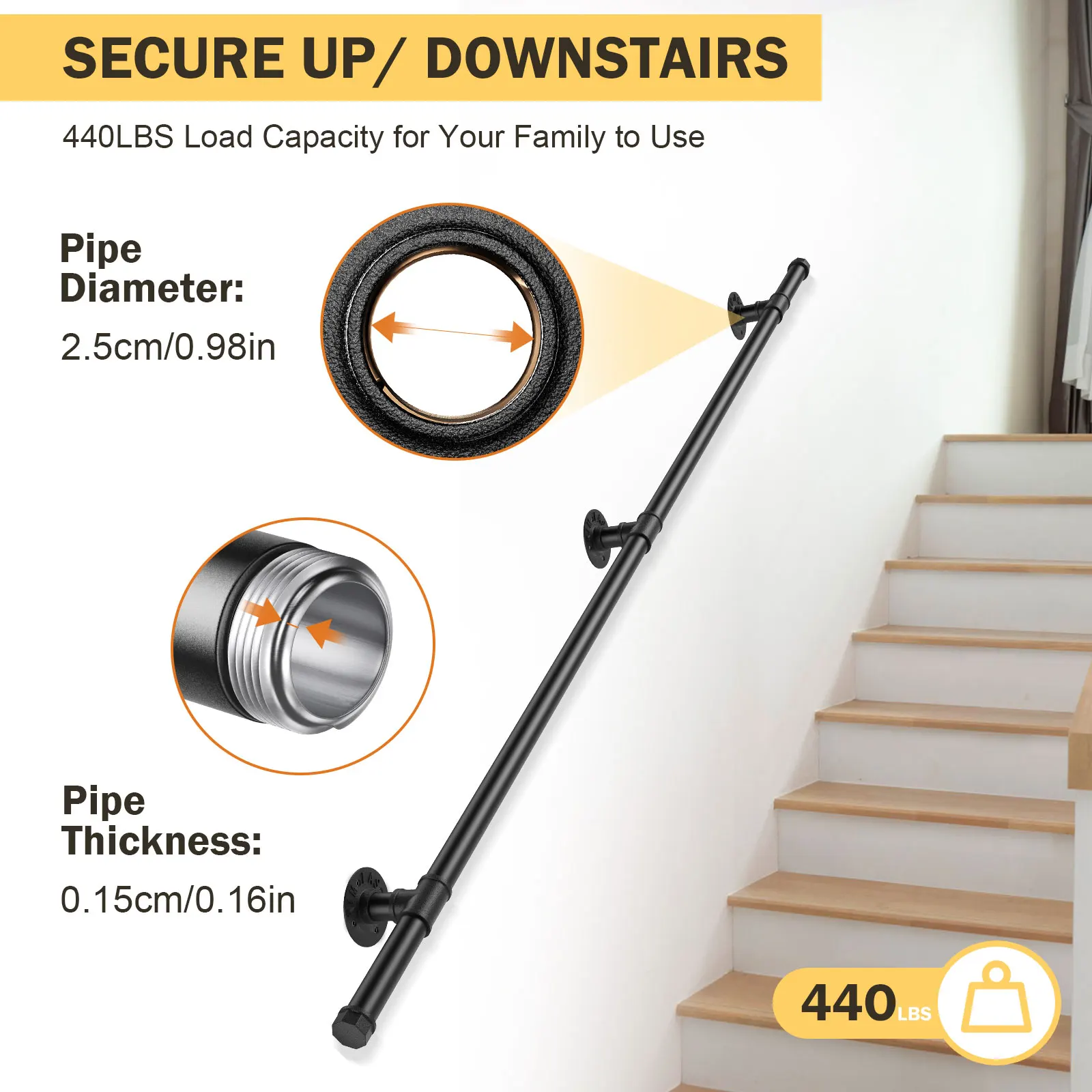 Montado na parede Anti-Slip Stair Corrimão, Idosos Metal, Grab Bars, Trilho para Uso Interior e Exterior, Flats, 1.5m