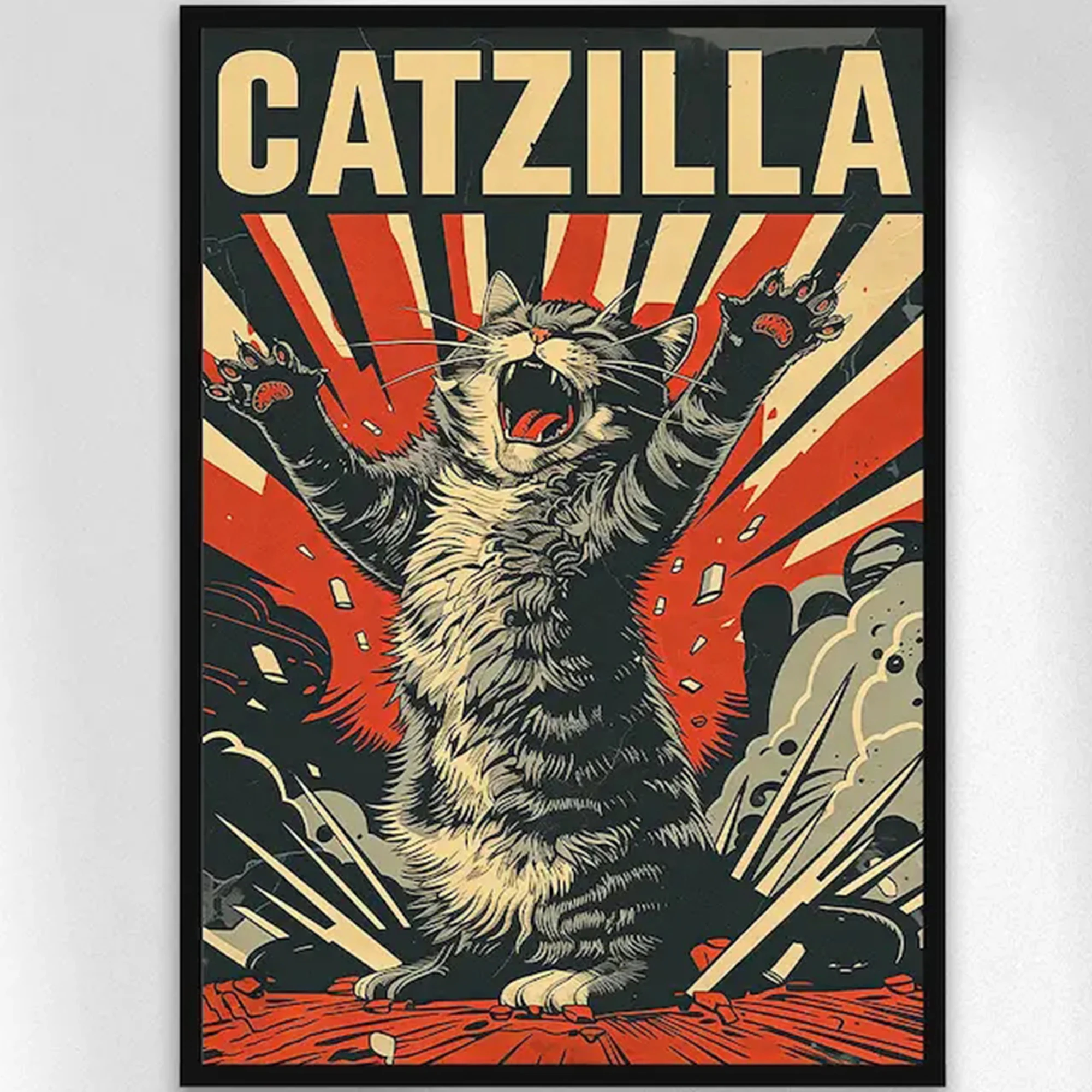 Retro Catzilla Cat Poster Propaganda Wall Art Print Canvas Painting Poster Picture For Living Room,Bedroom Home Decor