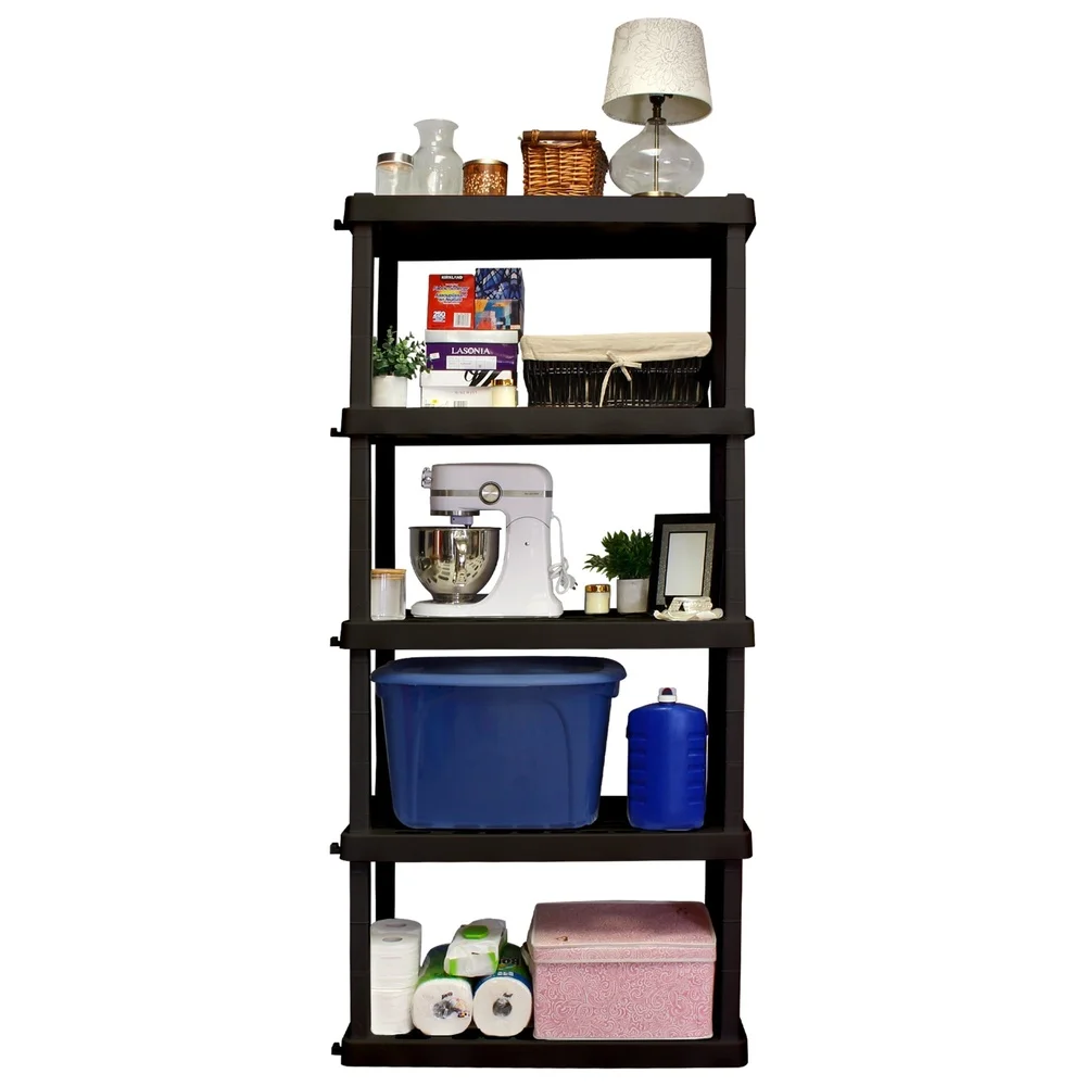 5-Tier Heavy Duty Plastic Shelving Unit Tool-Free Assembly Garage Storage Rack 750 lb Total Capacity Interlocking Design