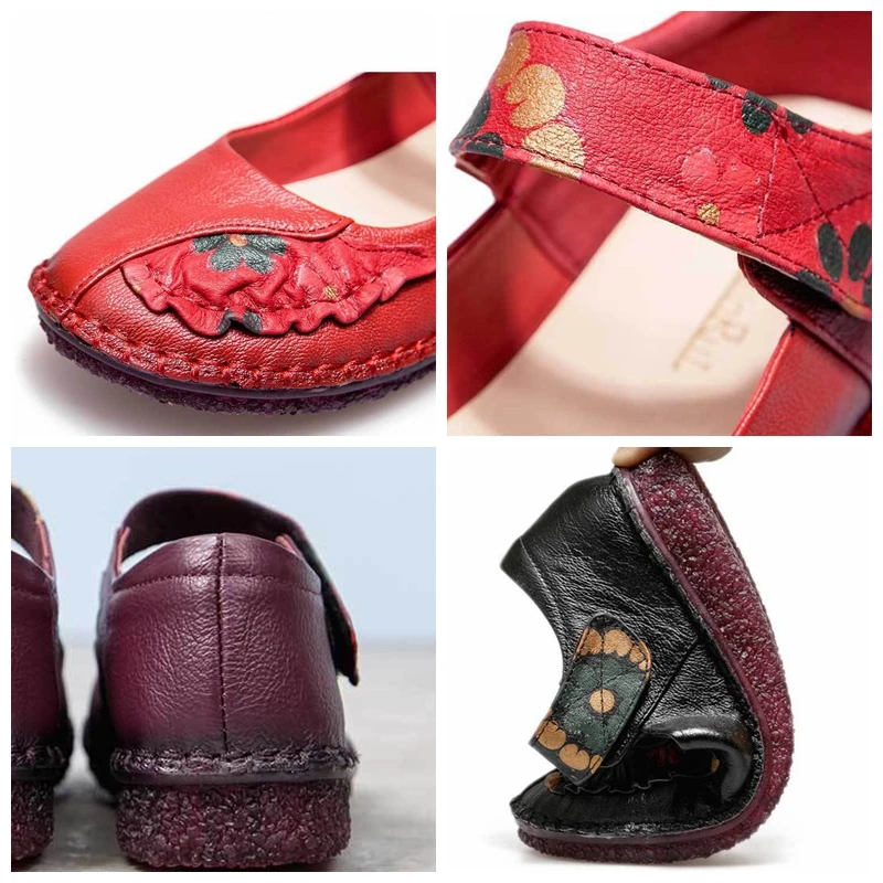 Koznoy 3 cm retrò etnico estate autunno punta rotonda vera pelle stampa donna mocassini morbidi di grandi dimensioni scarpe basse con gancio cavo