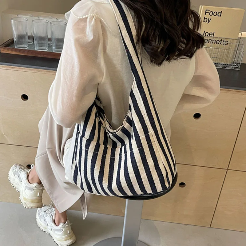 Canvas Bag for Women 2024 New Shopper Handbags Shoulder Tote Bag Casual Stripe Large Capacity School Bags Girls