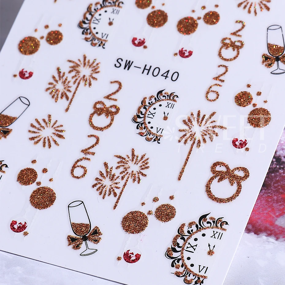 2 pezzi adesivi per unghie natalizi glitter oro fuochi d'artificio champagne 2026 orologio design fiocco capodanno cursori per unghie decalcomanie manicure decor