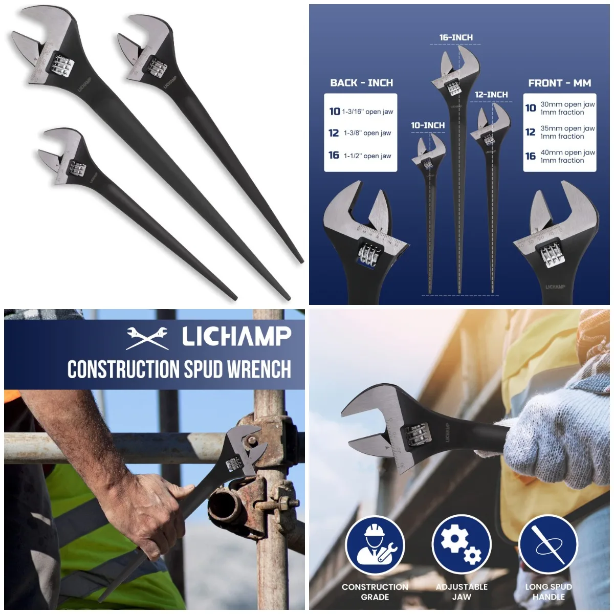 

3-Pack Adjustable Construction Spud Wrench Set 10 12 16 Inches