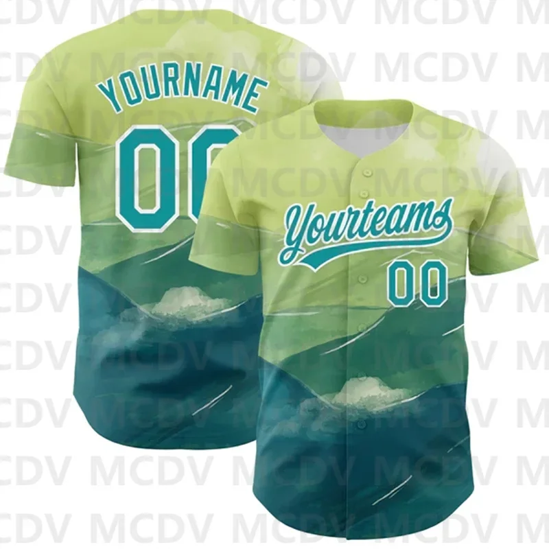 Custom Green Teal-White 3D Pattern Design Watercolor Mountains Authentic Baseball Jersey  Printed Casual Team Shirts Unisex Tops