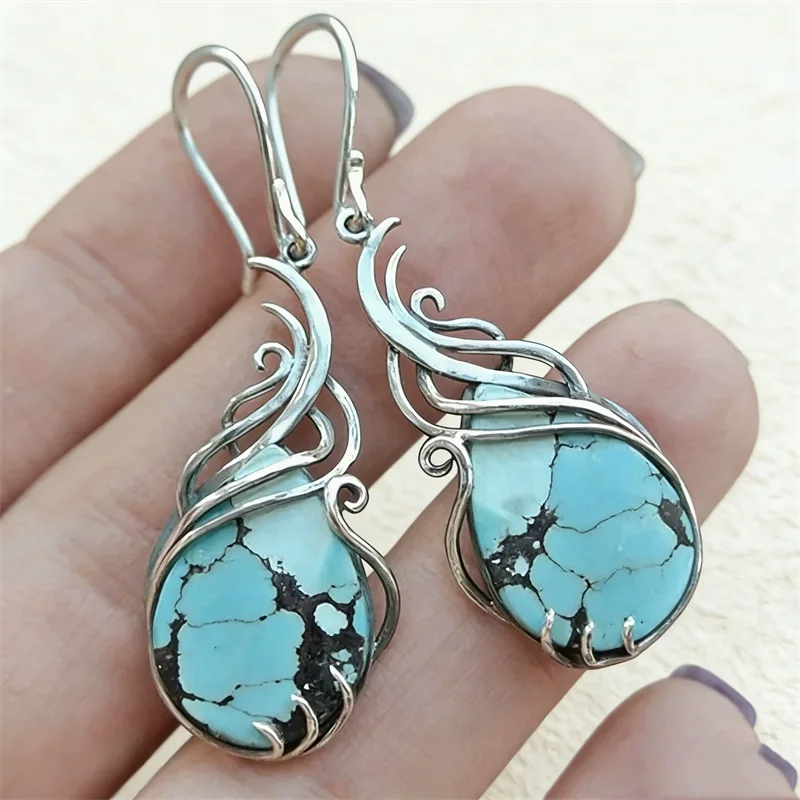 Vintage Blue Stone Boho Earrings Womens Exquisite Silver Color Metal Geometry Hollow Wedding Dangle Earrings 2022 Jewelry
