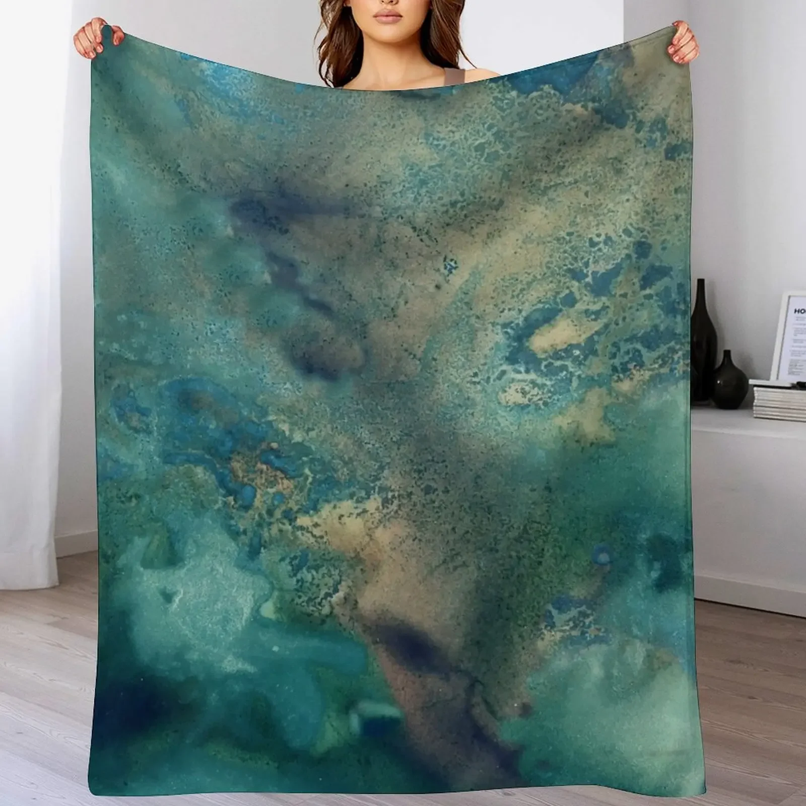 

Ocean in Turquoise, Aqua and Gold Throw Blanket Cozy Napping Blanket Gift for Mom Dad