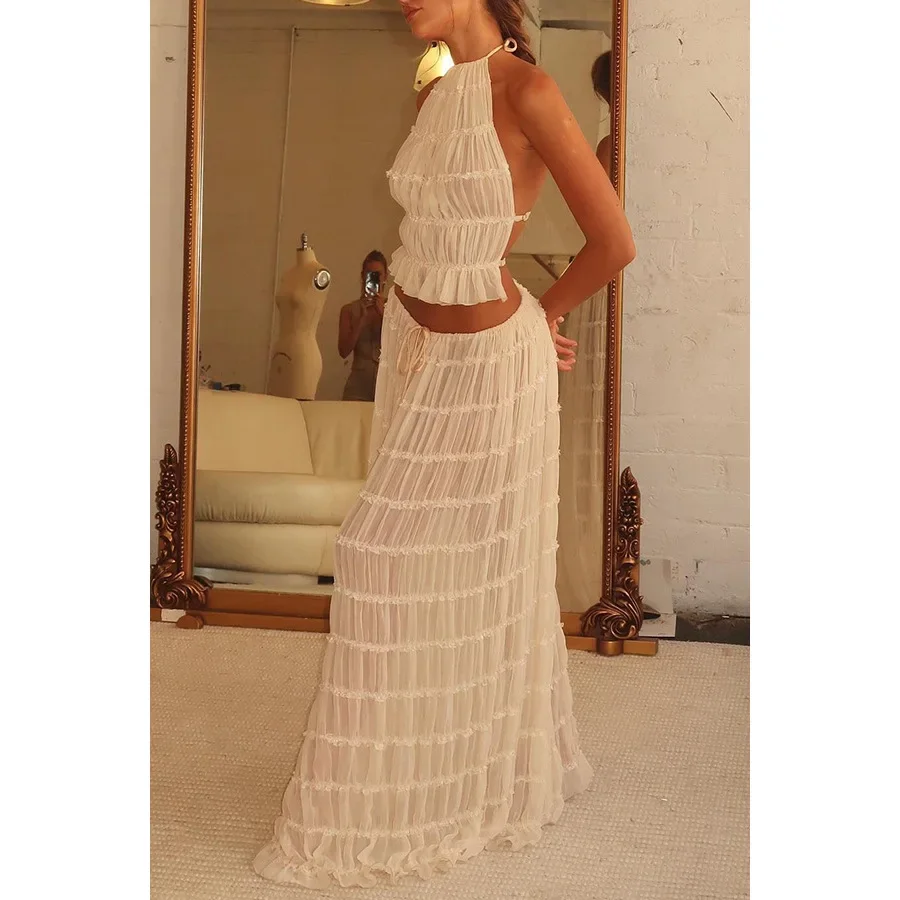 Women 2 Piece Halterneck Dress Sexy Backless Top + Drawstring Maxi Skirt Pleated Slim Bohemian Beach Resort Party