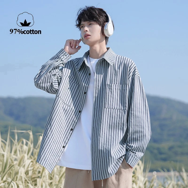 

Cotton97% высококачественная повседневная рубашка, мужская американская винтажная рубашка в полоску, осенняя прочная рубашка контрастного цвета, пальто ​ ​ (Размеры M-5XL)
