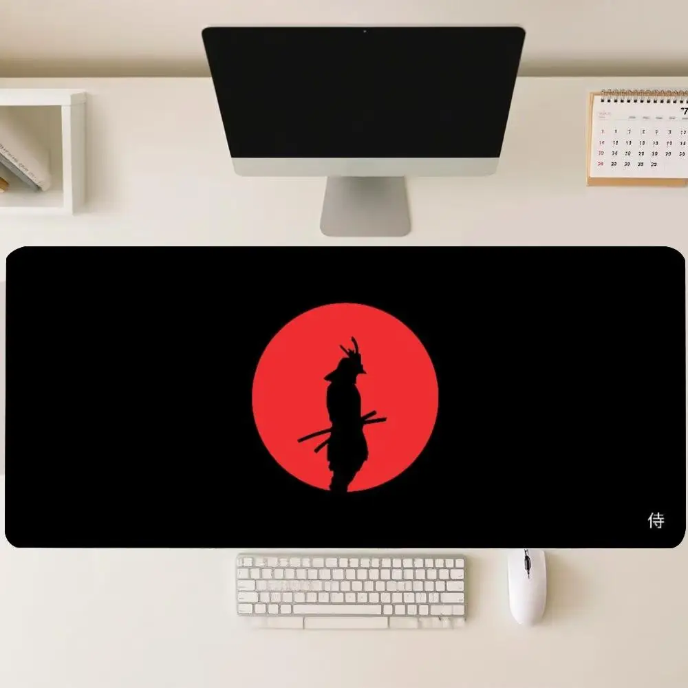 Extended Keyboard Desk Mat Japanese Samurai Red Sun Large Gaming Mouse Pad XXL Non Slip Rubber Stitched Border Gamer Deskpad