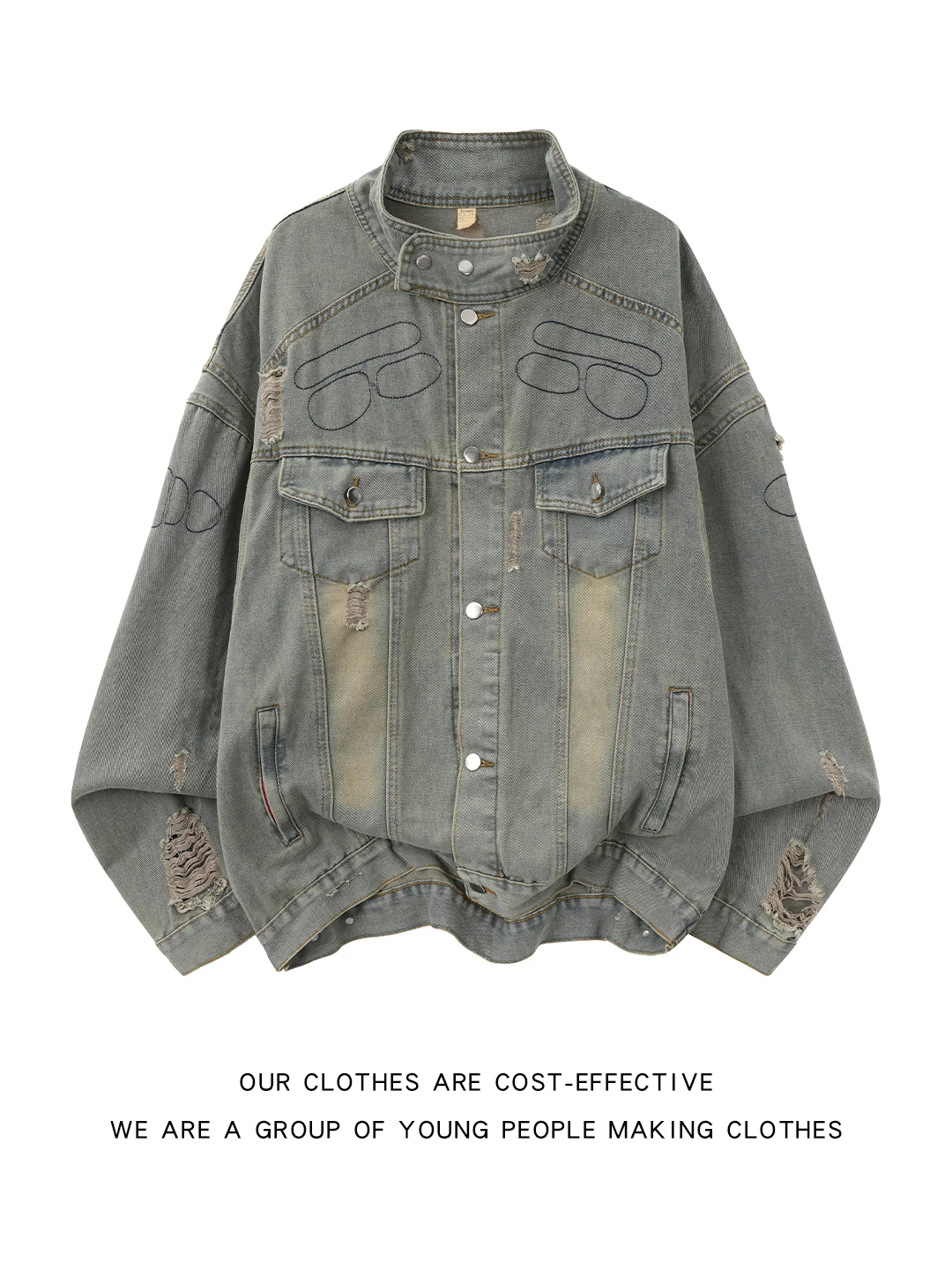 

Мужская джинсовая куртка в стиле ретро с отверстиями, воротником-стойкой, винтажная рабочая одежда для молодежи, повседневная одежда