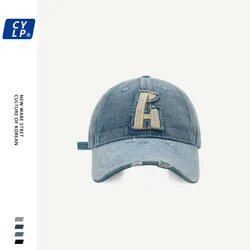 Men and Women Street Water Washed Hole Denim Baseball Cap Korean Letter Embroidered Peaked Cap