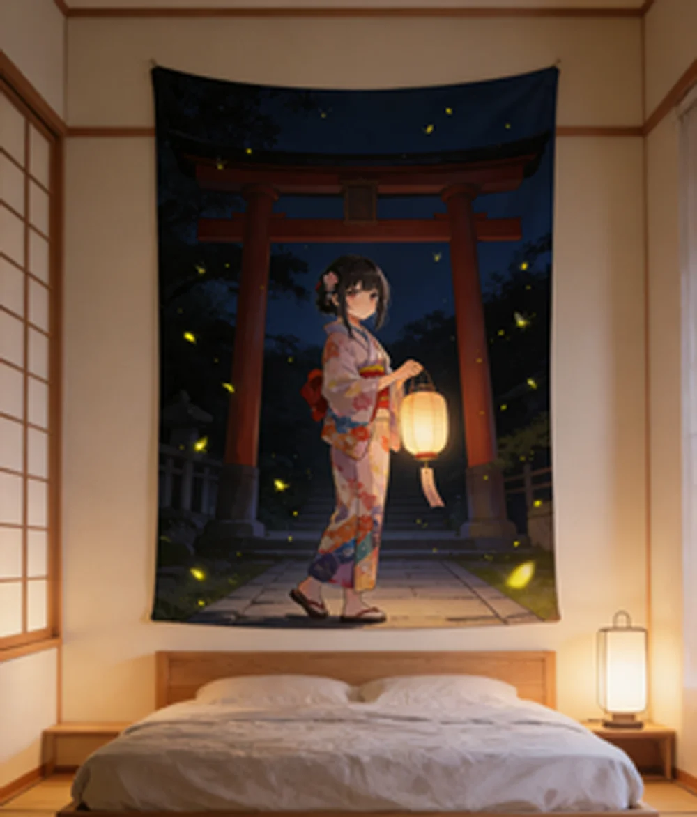 Anime Kimono Girl Tapestry with Firefly Lantern Cherry Blossom Torii Gate Wall Hanging Aesthetic Sakura Decor for Bedroom