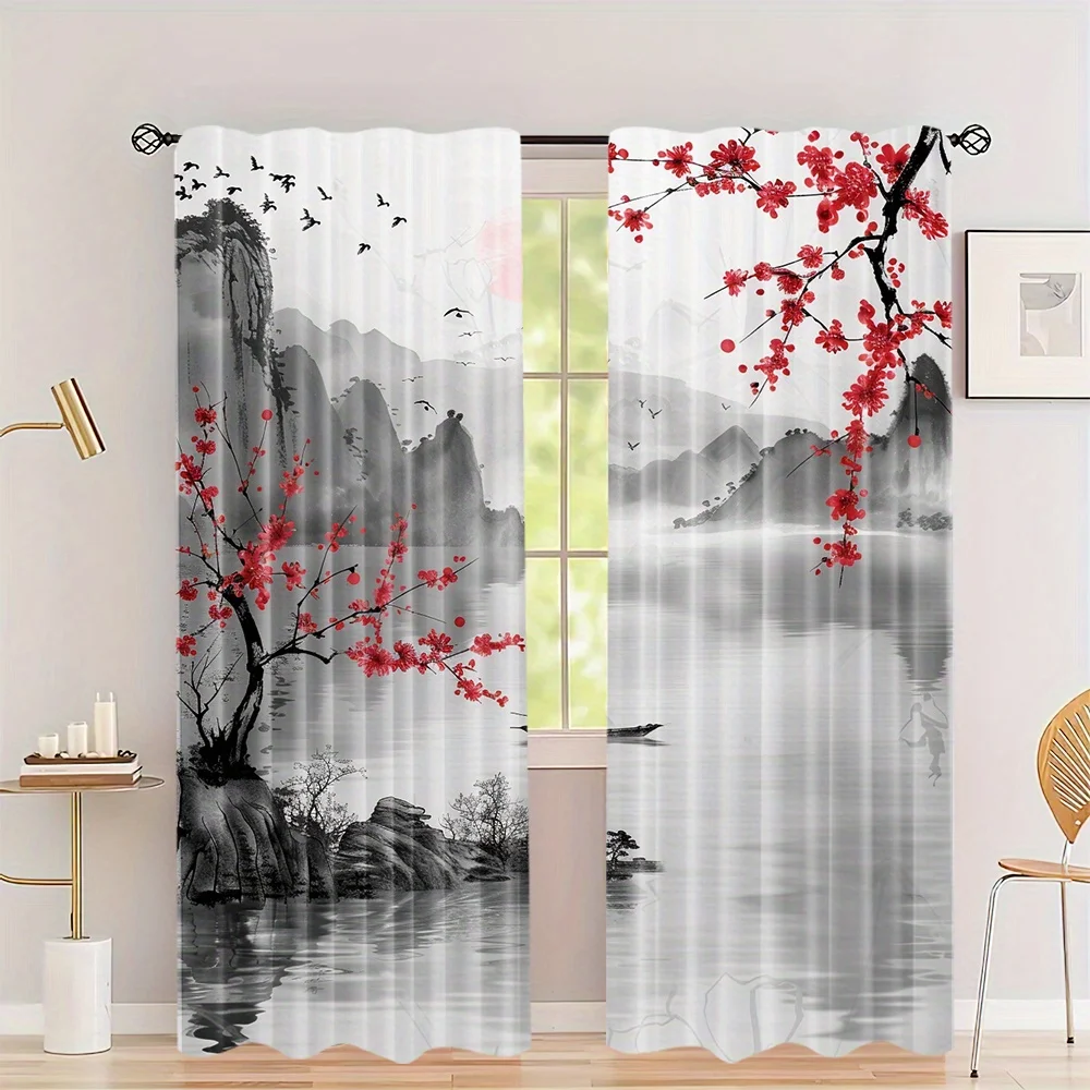 2-Piece Set Plum Blossom Ink Painting Curtains Semi-Blackout Privacy Enhancing Rod Pocket Design For Bedroom Living Room Door