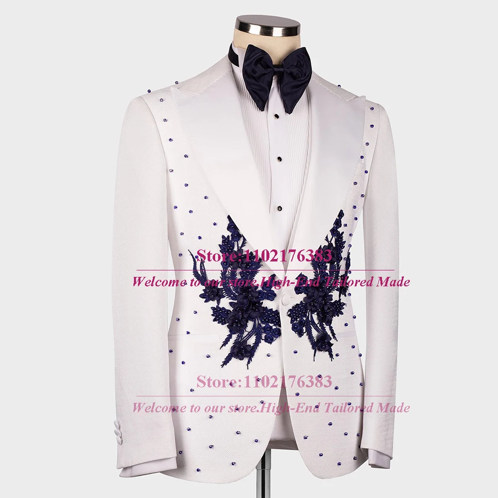 Chaqueta de traje de lujo para hombre, Blazer ajustado con apliques azul marino y perlas, ropa de novio hecha a medida, esmoquin de boda, vestido de graduación elegante, 1 pieza