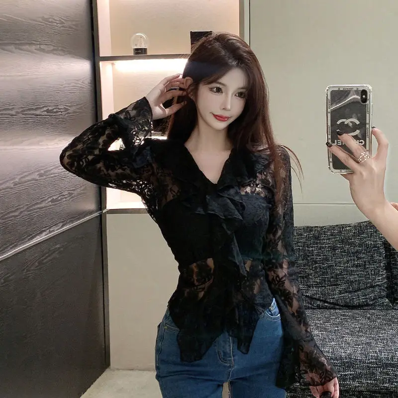 Hollow Out Shirts and Blouses Korea Petal Sleeve Fashion Woman Blouse 2024 Ruffles Long Sleeve Tops Slim Elegant Clothes 2024