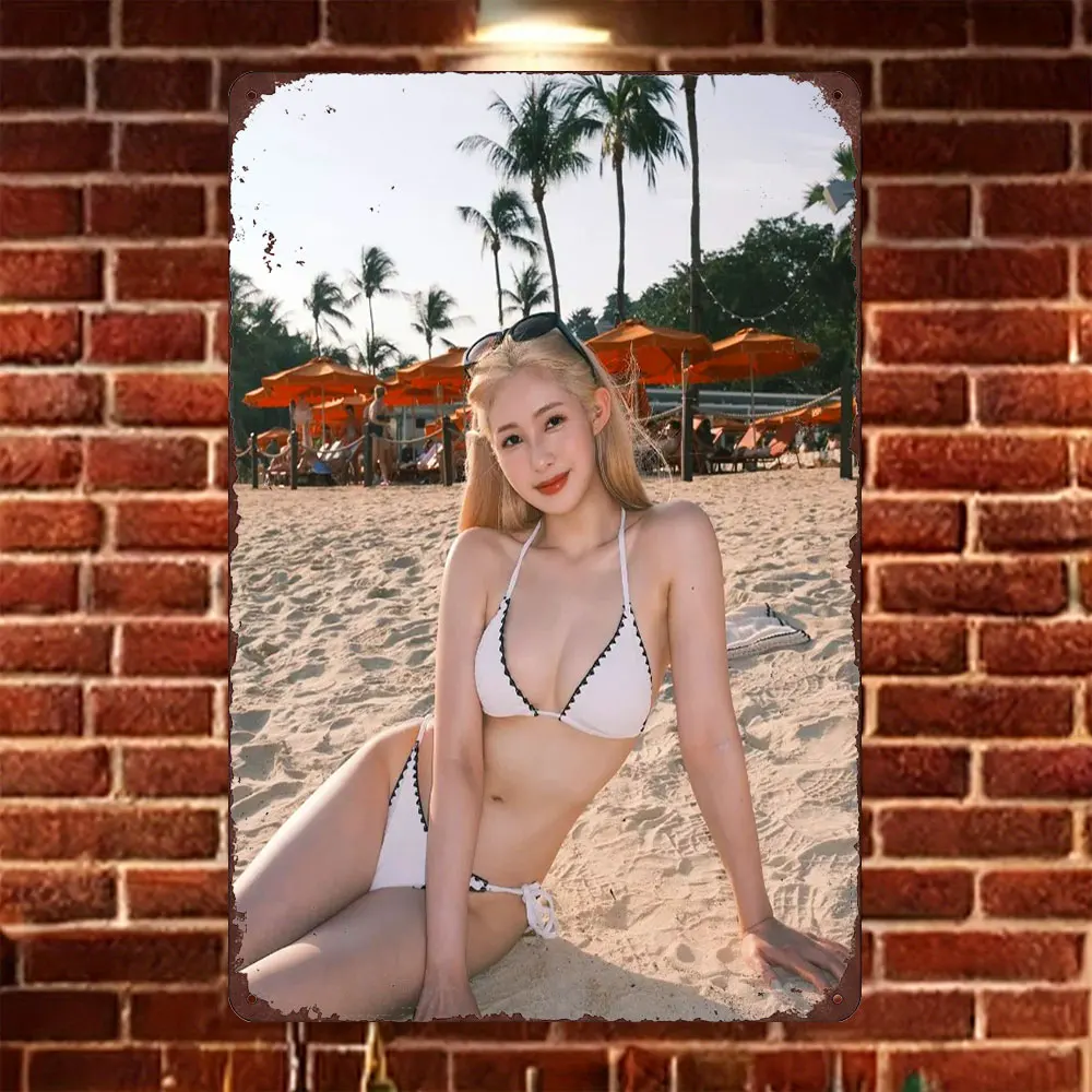 HD Tin Sign Vintage Blonde Girl in White Contrast Stitch Bikini at Tropical Beach Metal Wall Art Retro Decor for Home Bar Caf