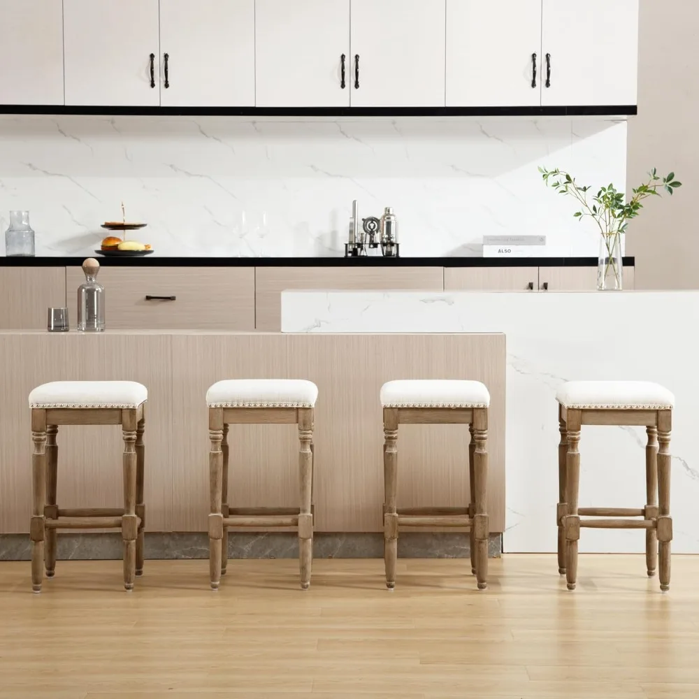 

Farmhouse Counter Stools Without backrest Set of 4 Upholstered Counter Height Bar Stools with Wood Legs County Rustic Backless S