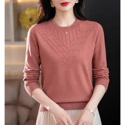 New Spring and Autumn Fashion Korean Edition Solid Jacquard Round Neck Loose and Versatile Western Style Slim Women's Sweater