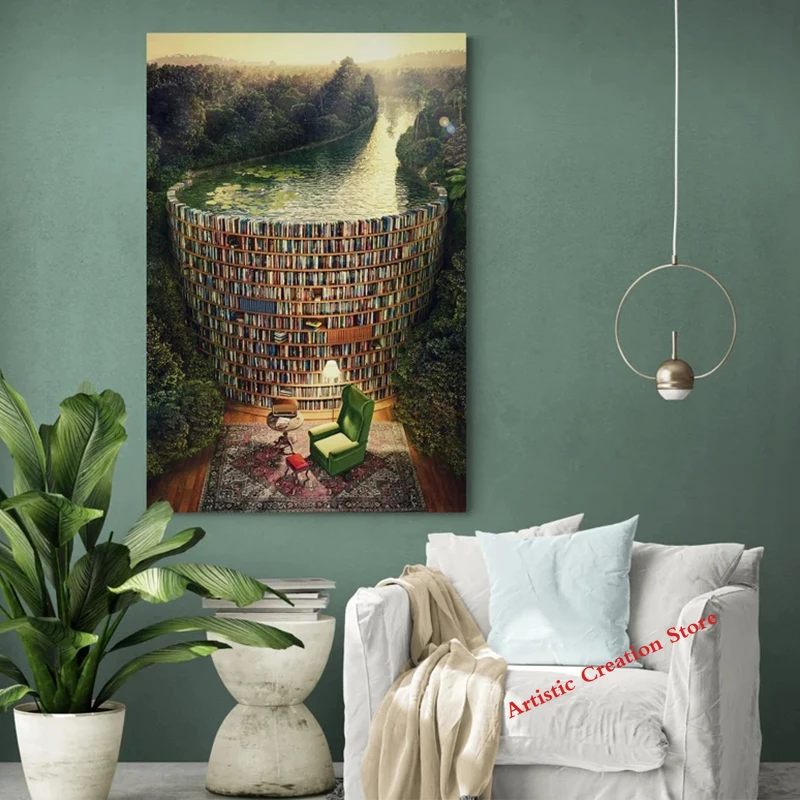 Surrealism Jacek Yerka Style Posters Library Fantasy Tree Colorful Abstract Art Canvas Painting Print Pictures Wall Home Decor