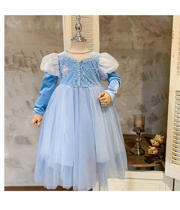 Elsa Frozen Girl Blue Birthday Party Wear Princess Long Clothing Flower Girls Dress Lush Elegant Sequin Velvet Dress for Girls