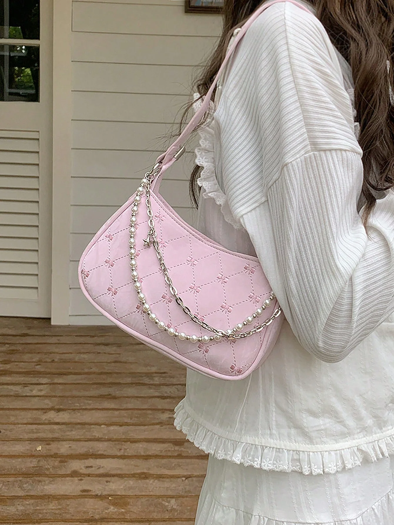 2024 Spring/Summer New Bag Pearl Chain Bag Sweet and Cute Underarm Bag Fashionable One Shoulder Crossbody Commuter Bag for Women