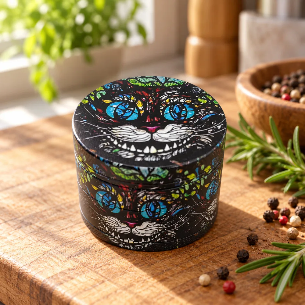 Grinning Cat Metal Herb Grinder 50mm Four Layer Cartoon Design Hand Operated Pepper Mill Dry Herbs and Spice Kitchen Accessory