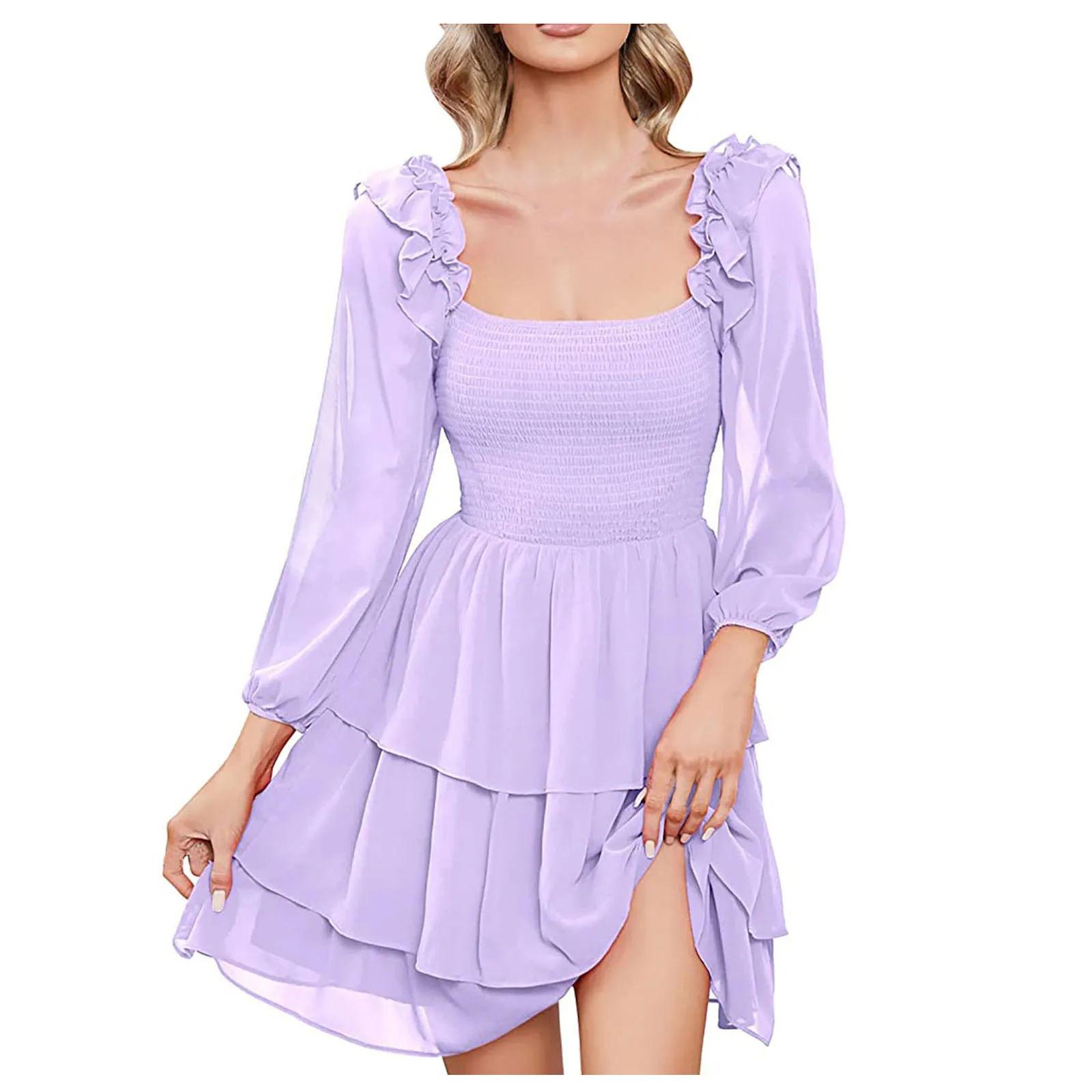 Sexy V-Neck Lace Slim Ruffles Dress For Women 2024 Long Sleeve Print White Party Dresses Spring Autumn Y2k Women'S Clothing