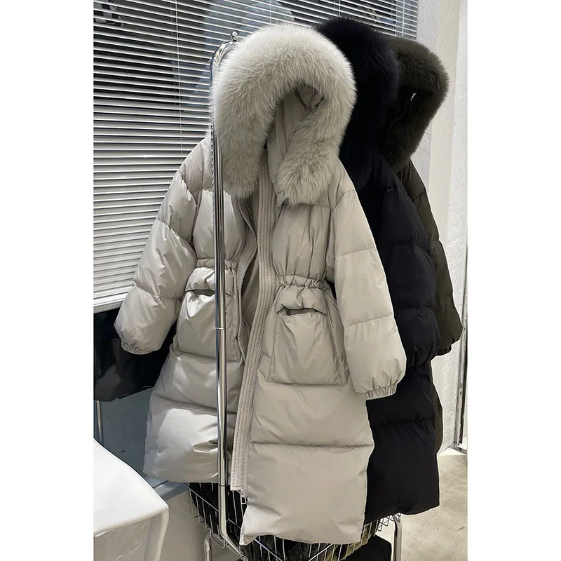 Lange Puffer Jacke Frauen 2022 Neue Winter 90% Weiße Ente Unten Mantel Weibliche Dicke Warme Mit Kapuze Große Waschbären Pelz Schnee parkas