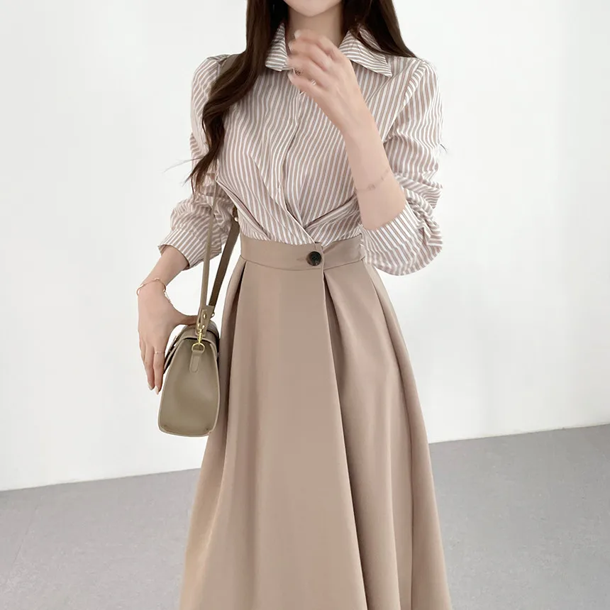 Chic Autumnal Luxury Fashion Striped Patchwork Waist-Cinching Shirt Dress High Waist Polyester Fiber Spring Commute Style