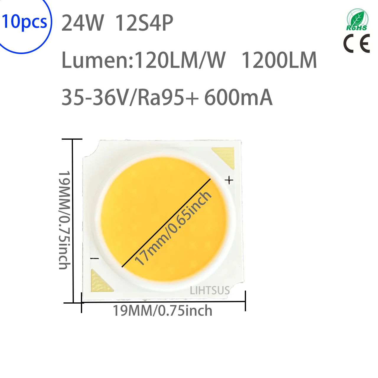 

10pcs 24W 36V 600mA LED COB Light Source Chip Cri95+ 19*19mm Light-Emitting Diode For DIY Bedroom Light Spotlight Downlight