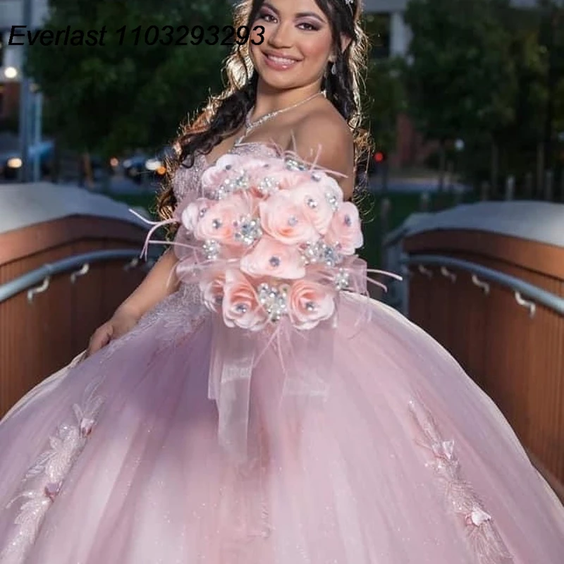 Evlast Sprankelende Roze Quinceanera Jurk Baljurk 3d Bloemen Applique Kralen Kristallen Mexicaans Zoet 16 Vestido De 15 Anos Tqd320