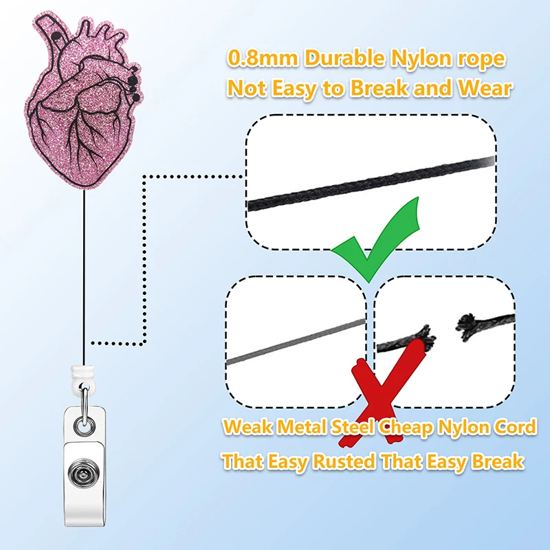 Retractable Heart Easy To Pull Back Badge Loss Prevention Nylon Cord Easy To Pull Back ID Lanyard Flat ID Card Holder Nurse