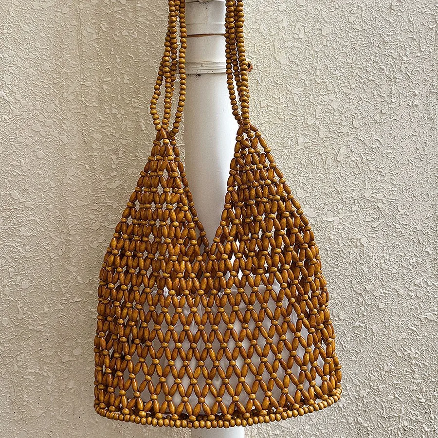 Elegant Bohemian Woven Hand Bag Female Style Exquisite Design Wooden Bead Tote Handmade Hollow-out Handbag Summer Season