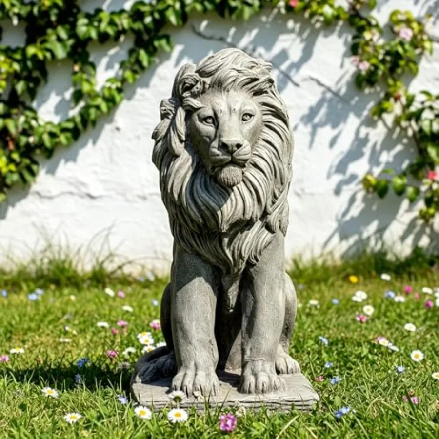 Garden outdoor decoration: concrete seated lion statue, gray, weather-resistant finish, 22.8 H for patio and yard