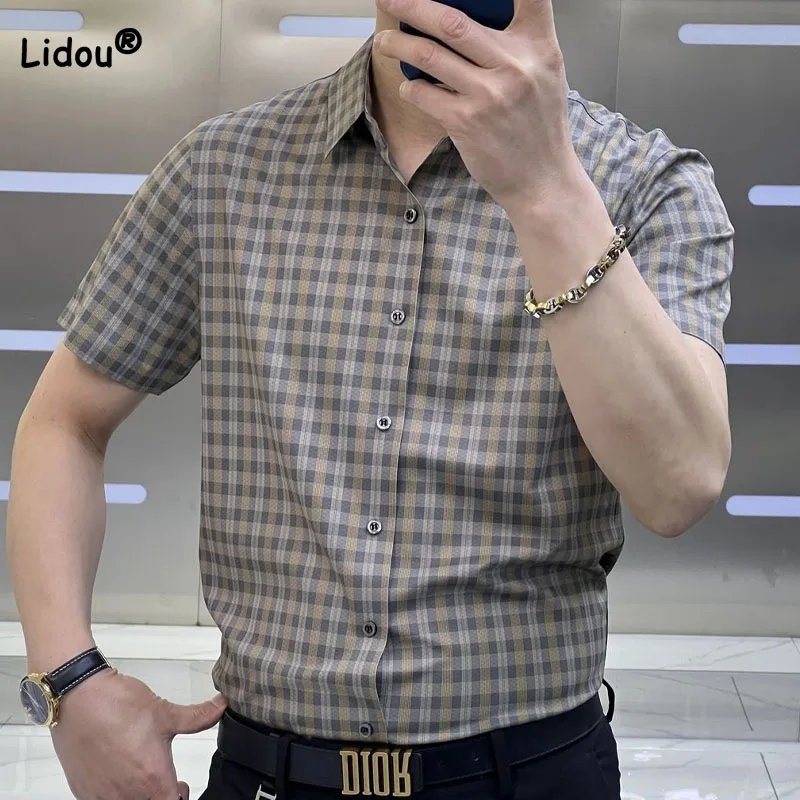 

Fashionable Slim Plaid Printed Shirt 2023 Summer Male Clothes Business Trend Fashion Short Sleeve Single-breasted Shirts for Men