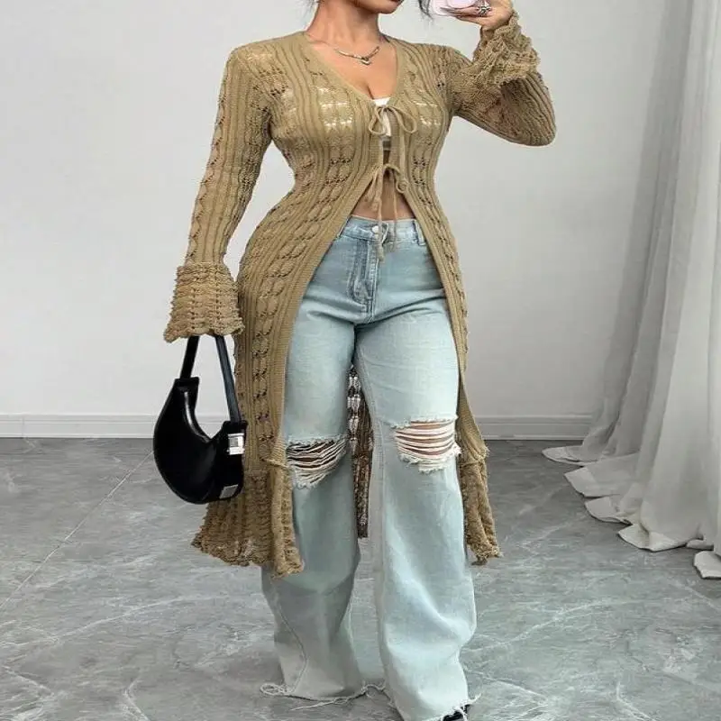 

Women's Long Sve Open Cardigan Casual Pure Color Spring New Sle Cross-Border Knitted Sweater Ci Walk Inner Wear C...